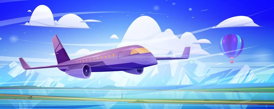 Plane fly in blue sky with clouds Illustrazione stock