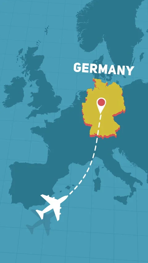 Plane fly to Germany, airplane flight and landing animation map of Europe Stock Footage 336987646