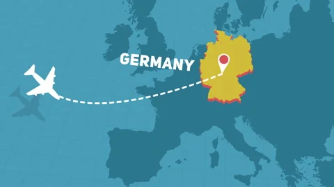 Plane fly to Germany, airplane flight and landing animation map of Europe Stock Footage 336987733