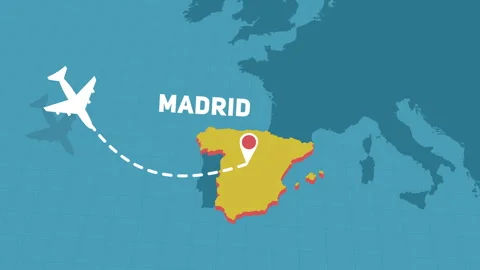 Plane fly to Madrid in Spain, 2d aircraft flight and landing animation with.. Stockbeeldmateriaal 298297180
