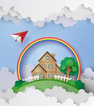 Plane fly over the house with rainbow and cloud in the background.paper art. Stock Illustration