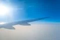 The plane fly in the sky on the background of the bright sun Photo