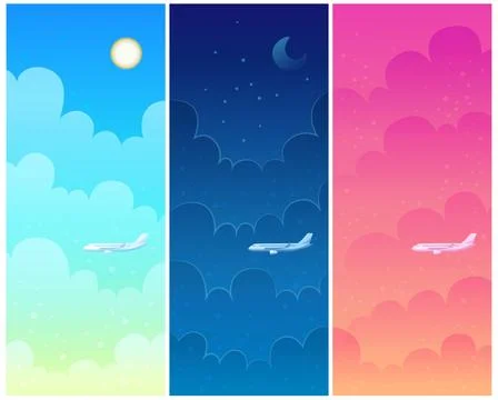 Plane fly through day, night and sunset cartoon illustration, set of three times Stock Illustration