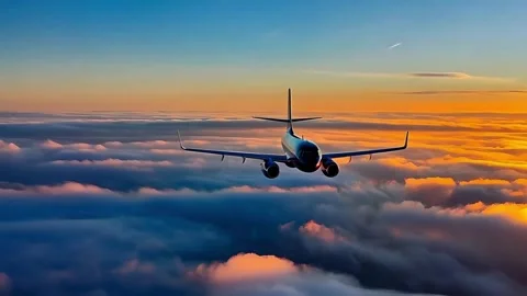 Plane Flying Above the Clouds at Sunset Stock Footage 284046999