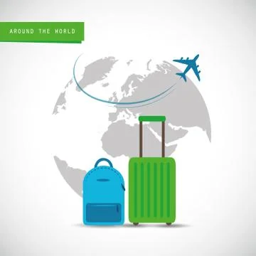 Plane flying around the globe with blue and green suitcase Illustrazione stock