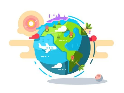 Plane flying around the world geometric style Stock Illustration