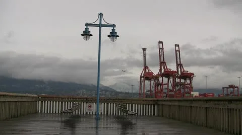 Plane Flying Behind Container Yard Cranes Stock Footage 16312853