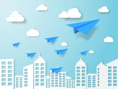 Plane flying on blue sky with cloud and building. illustration of business an Stock Illustration