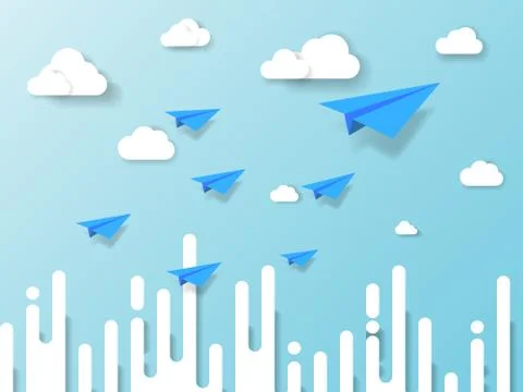 Plane flying on blue sky with cloud and abstract background. illustration of  Stock Illustration