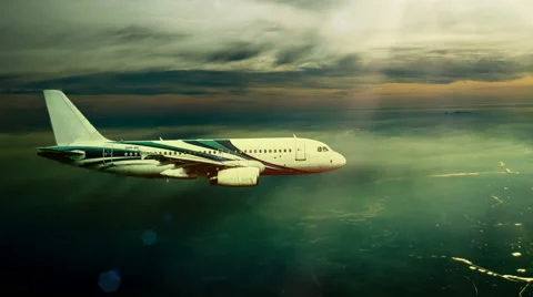 The plane is flying in the clouds above city in the fog Stock Footage 61146866