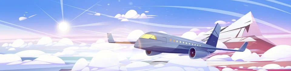 Plane flying in clouds above mountain peak in sky Stock Illustration