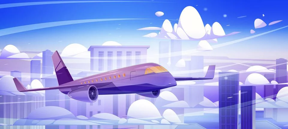 Plane flying in clouds above skyscraper buildings Stock Illustration