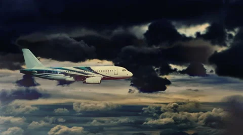 The plane is flying in the dramatic sky. Storm and lighting inside the clouds Stock Footage 64825935