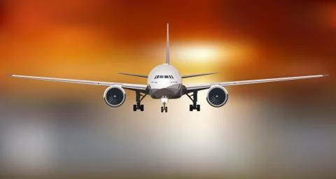 Plane flying in dramatic sunset light vector illustration Stock Illustration