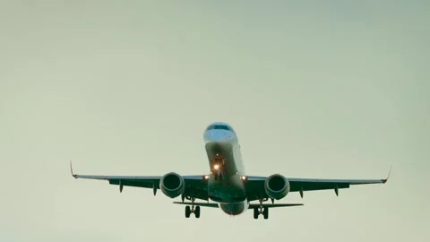 Plane flying with landing gear down under pale cloudy sky. Passenger jet Stock Footage 328358000