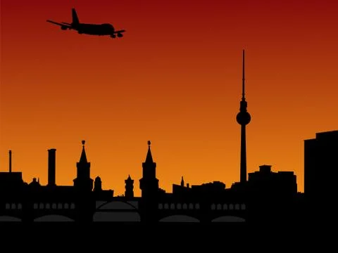 Plane flying over berlin skyline Stock Illustration