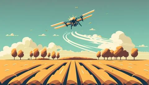 A plane flying over a field with trees and clouds in the background with a .. Stock Illustration