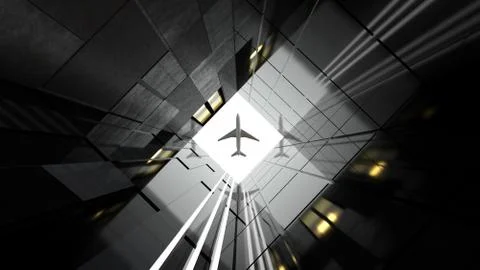 Plane flying over generic modern glass and concrete office buildings . Concep Stock-Fotos