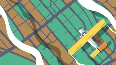 Plane flying over the ground in the clouds. Top view of airplane flying above Illustrazione stock