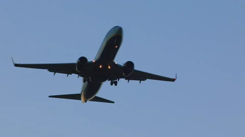 Plane flying over head, landing at airport at sunset or sunrise. Stock Footage 150071005