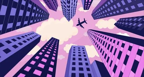 Plane flying over high rise buildings lofi wallpaper Ilustração Stock