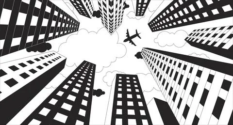 Plane flying over high rise buildings black and white lofi wallpaper Ilustração Stock