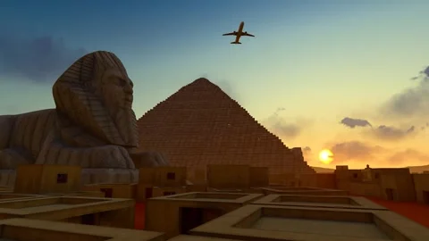 Plane flying over the Hoover Pyramids in Egypt Stock Footage 310091693