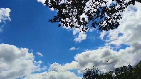 Plane flying over the lake, a clear sky with small clouds. Stock Footage 219568813
