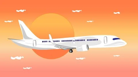 A plane flying in the sky against a background of sunset and clouds. Stock Illustration
