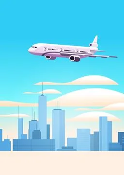 Plane flying in sky over cityscape travel by airplane vacation adventure Stock Illustration