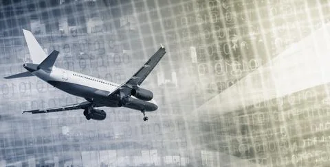 Plane flying on skyscrapers and binary key background Foto stock