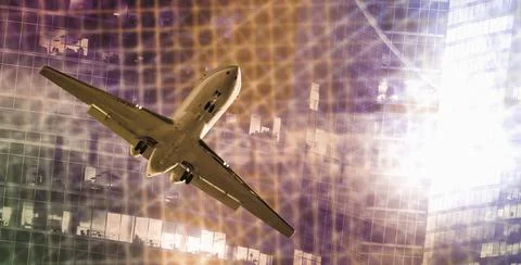 Plane flying on skyscrapers and binary key background Stock Photos