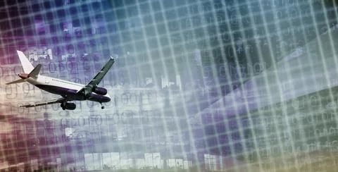 Plane flying on skyscrapers and binary key background Foto stock
