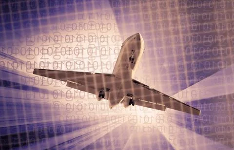 Plane flying on skyscrapers and binary key background Foto stock