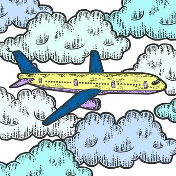 Plane is flying in thick clouds color. Sketch scratch board imitation. Stock Illustration