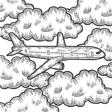 Plane is flying in thick clouds. Sketch scratch board imitation. Stock Illustration