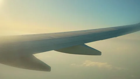 Plane flying through clouds at sunset in hazy weather. Jet cruising in golden Stock Footage 312599968