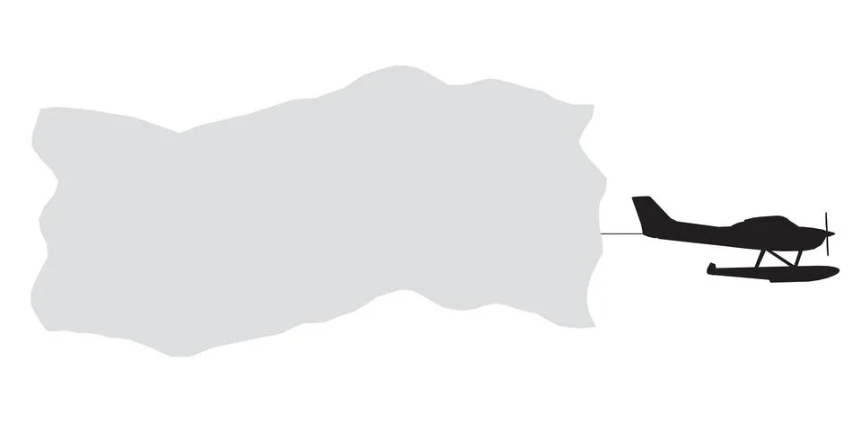 Plane is flying through a large white flag. The flag is being pulled by the Stock Illustration