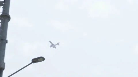 A plane flying through the skies seen from the ground between trees Stock Footage 149890182
