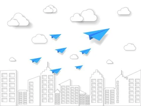 Plane flying on white sky with cloud and building. illustration of business a Stock Illustration