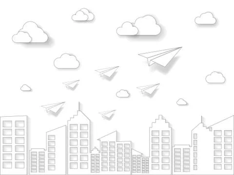 Plane flying on white sky with cloud and building. illustration of business a Stock Illustration
