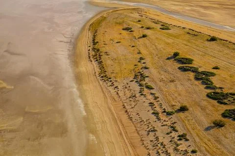 A plane flys over Kati Thanda. 스톡 사진