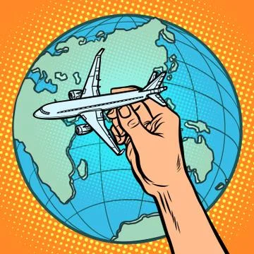 Plane in hand. metaphor of flight to the Eastern hemisphere Illustrazione stock
