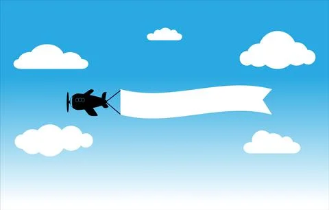 Plane with horizontal banners on blue sky background. Flying advertising Stock Illustration