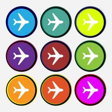 Plane icon sign. Nine multi colored round buttons. Vector 스톡 일러스트
