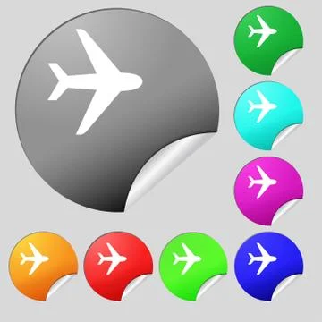 Plane icon sign. Set of eight multi colored round buttons, stickers. Vector 스톡 일러스트