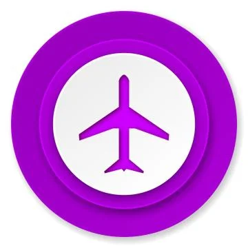 Plane icon, violet button, airport sign. Ilustración de archivo