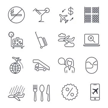 Plane icons set. set of 16 plane outline icons such as luggage, weight, airport Illustrazione stock