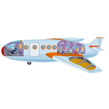 Plane inside with passengers, pilots and tanks with kerosene, cartoon illustr Stock Illustration