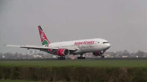 Plane , jet landing in Amsterdam, boeing 777 Kenya Airways Stock Footage